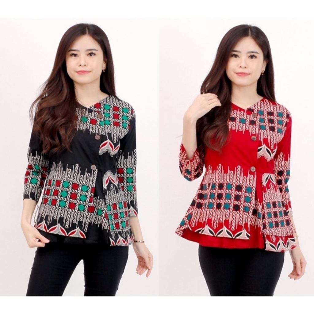 BAJU BLOUSE BATIK WANITA 184 SK BAJU BATIK HITAM MERAH PREMIUM MODERN KERJA KANTOR PESTA KASUAL ELEG