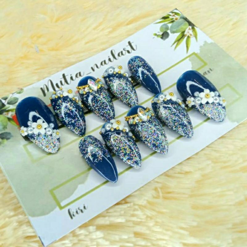 Kuku palsu Biru | Blue Flower 2 | Free Lem Gel | Wedding fake Nails
