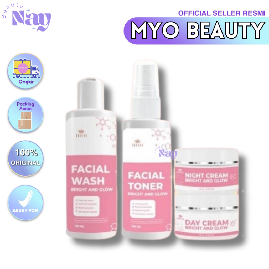 MYO BEAUTY SET SKINCARE 4 ITEM FACIAL WASH FACIAL TONER DAY CREAM NIGHT CREAM BRIGHT AND GLOW SERUM 