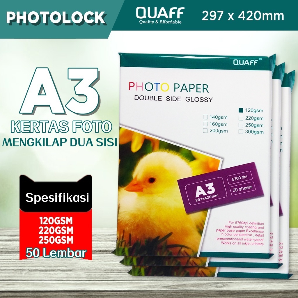 Kertas Foto Glossy Dua Sisi A3 Merek QUAFF 120gsm || 220gsm || 250gsm (50 lembar / bungkus)