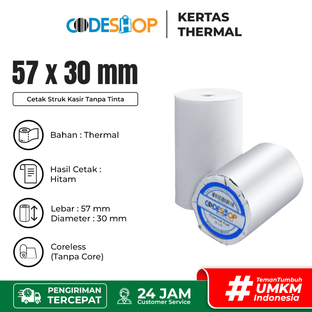 

Kertas Struk Thermal 57x30mm Hitam Coreless Mesin EDC