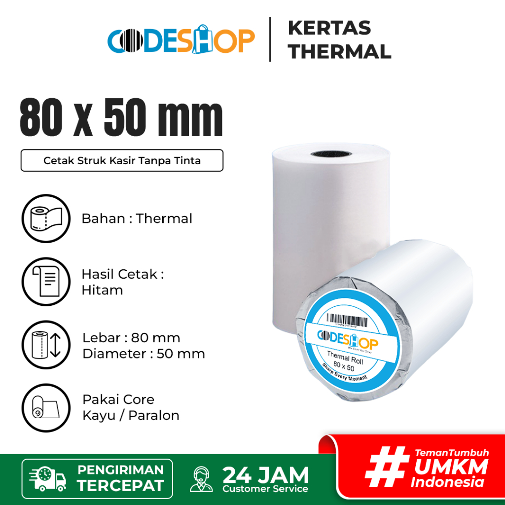 

Kertas Thermal Codeshop 80 x 50 / 80x50 mm Struk Kasir Printer 80mm