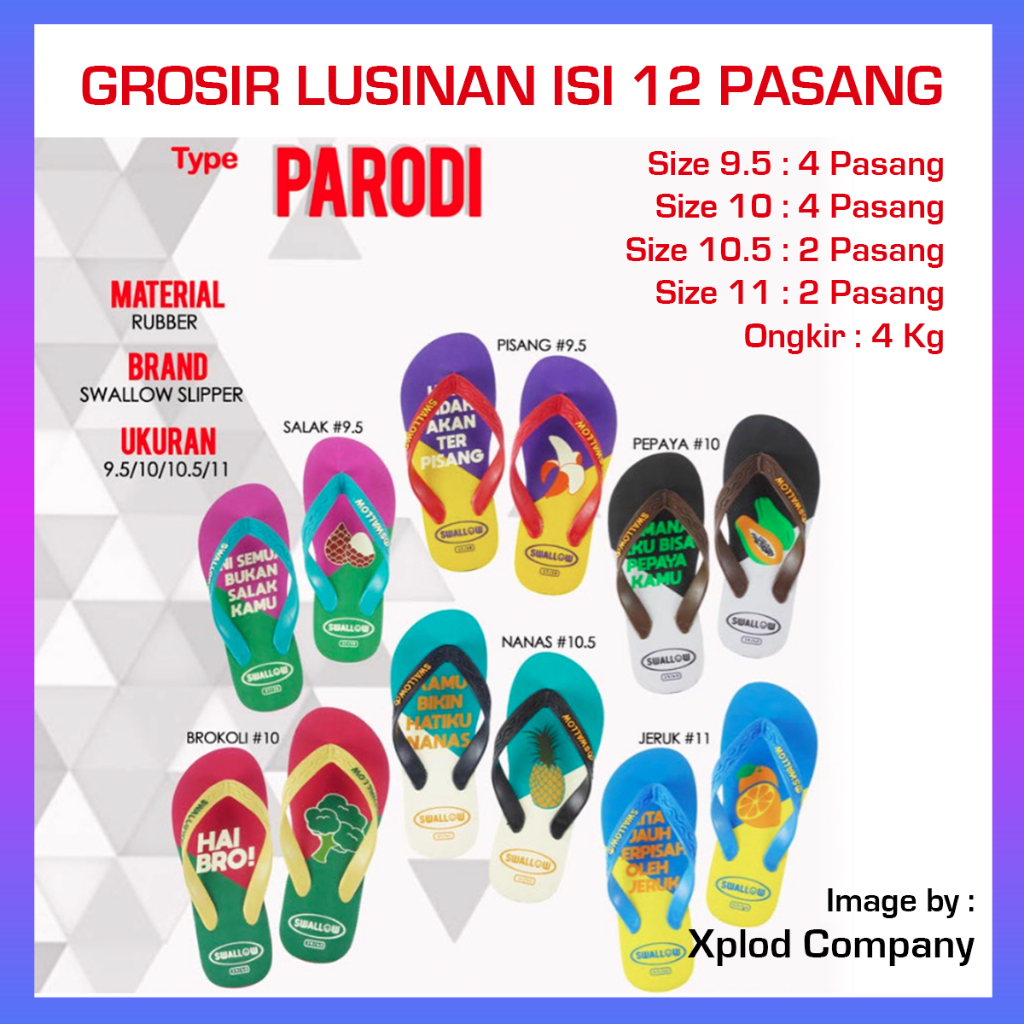 (12 Pasang) Grosir Lusinan Sandal Swallow Parodi Seri Ukuran Seri 9.5 – 11 Sendal Swallow Grosiran