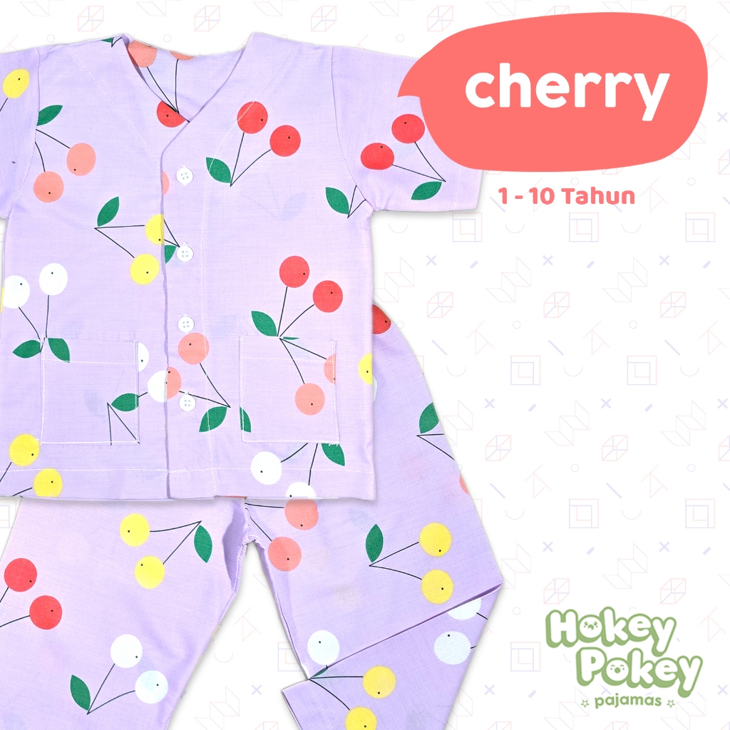 Setelan Baju Tidur Piyama Anak Perempuan Tanpa Kerah Motif Cherry
