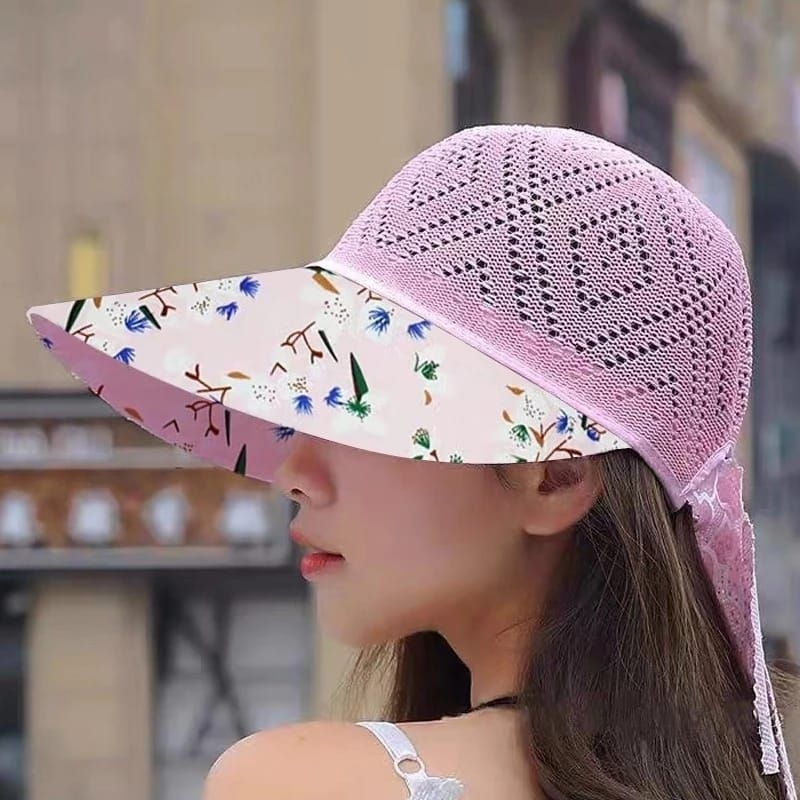 Topi Vistor Pantai Wanita Motif Bunga Musim Panas Summerhat Ponytail Straw Fashion