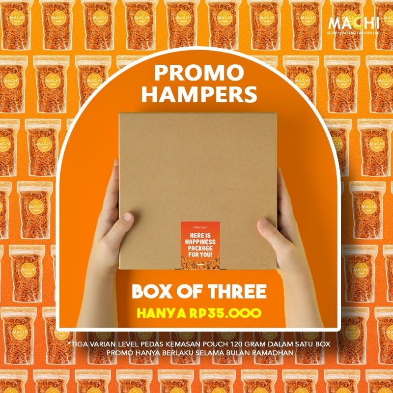 

Makaroni Machi Hampers Box Of Three (tiga varian level pedas kemasan pouch 120 gram dalam satu box)