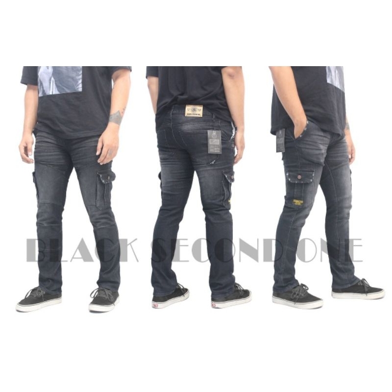 CELANA  JEANS PRIA SLIMFIT CARGO TERBARU ORIGIONAL BLACK SECOND ONE