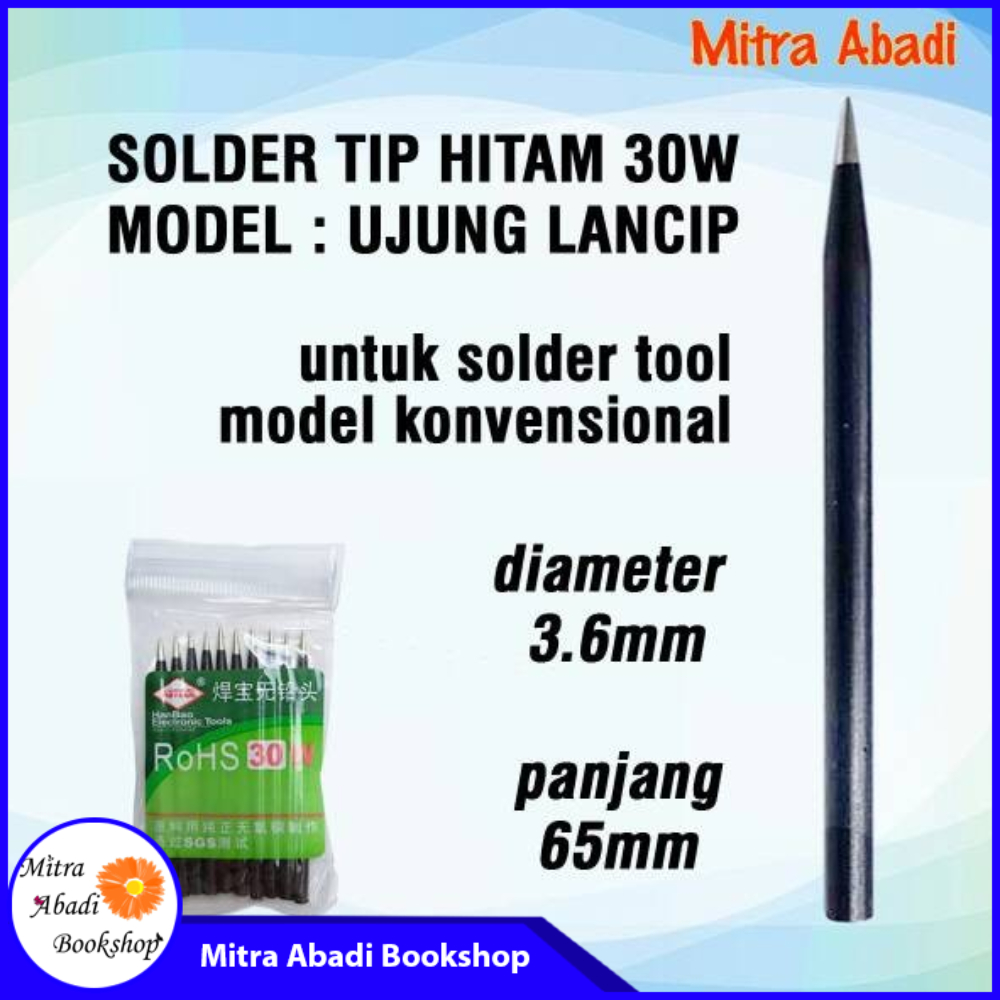 Solder Tip 30W Hitam Model UJUNG LANCIP Panjang 65 mm Dia 3,6 mm