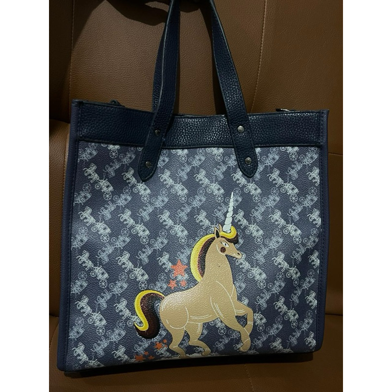 preloved COACH field tote with horse and carriage print and unicorn