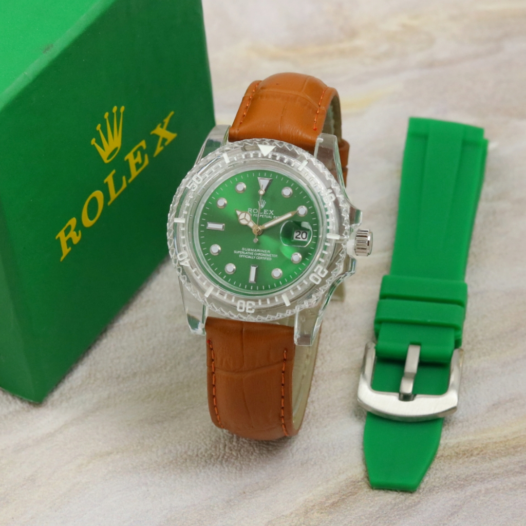 Jam Tangan Pria ROLEX Bahan Kulit Free Tali Rubber.