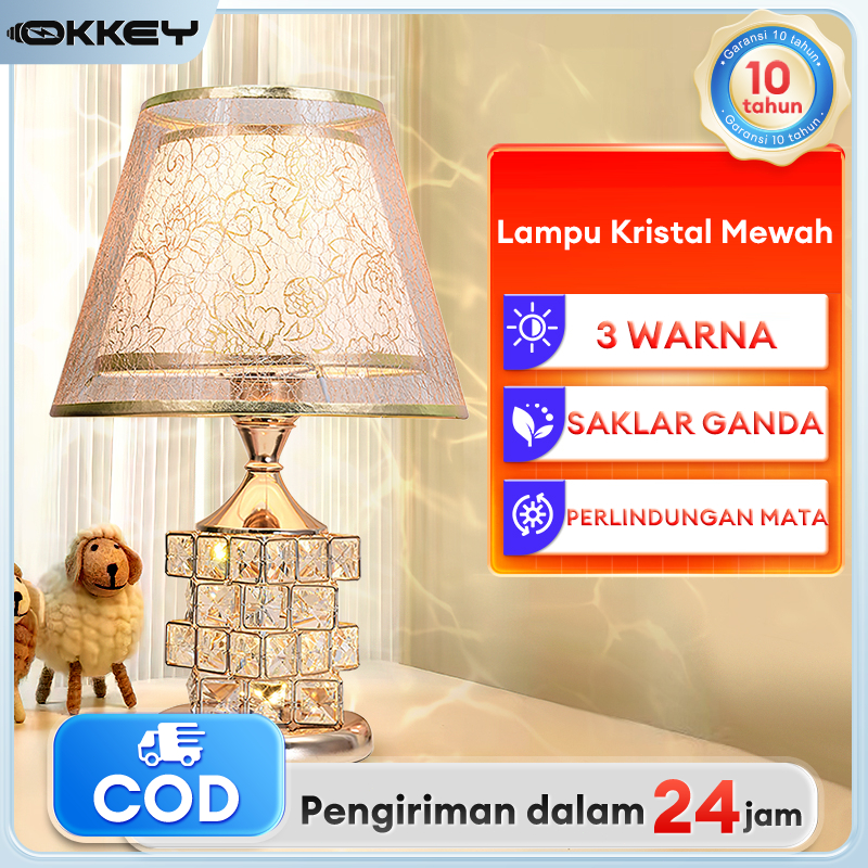 [Garansi 10 tahun] Lampu Tidur Lampu Meja Kristal Lampu meja gaya Eropa 3 Warna Dekorasi Lampu Hias 