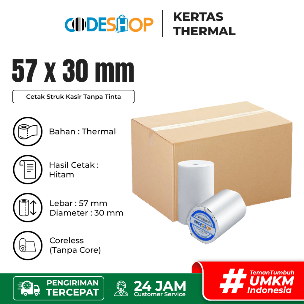 

(1 Dus) Kertas Kasir Thermal Codeshop 57 x 30 mm Coreless
