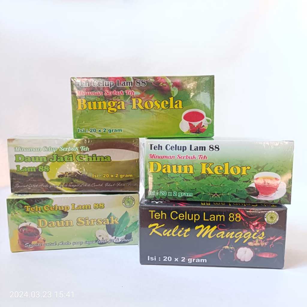 

TEH CELUP LAM 88 | teh celup jati cina | kulit manggis | daun sirsak | bunga rosella | sarang semut | daun kelor | pegagan LAM 88