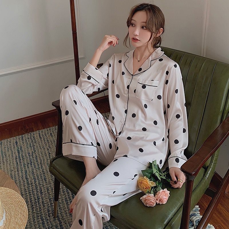 Baju Tidur Piyama Satin Wanita / Baju Tidur Bermotif Pola Lengan Panjang