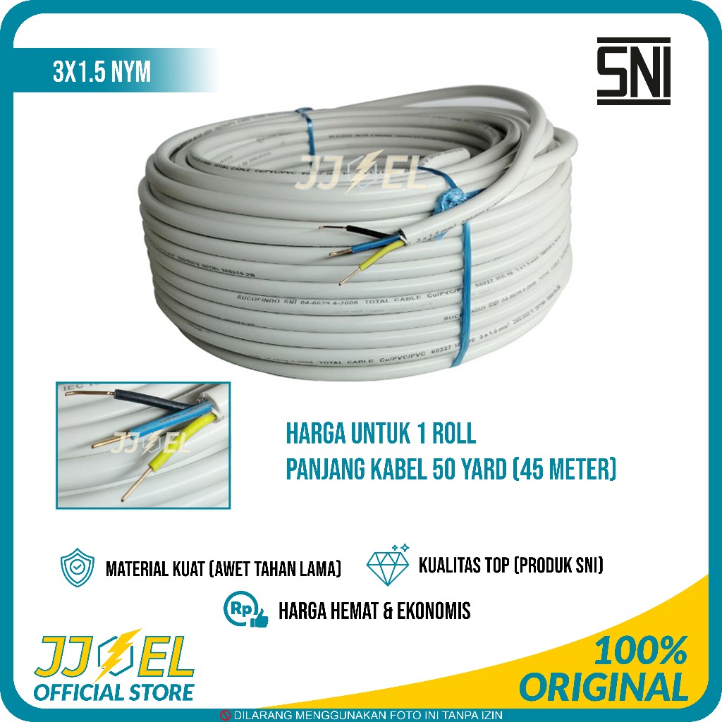 Kabel Listrik NYM 3x1.5 Tembaga 1 Roll - Kabel Isi 3 Tembaga Standar SNI