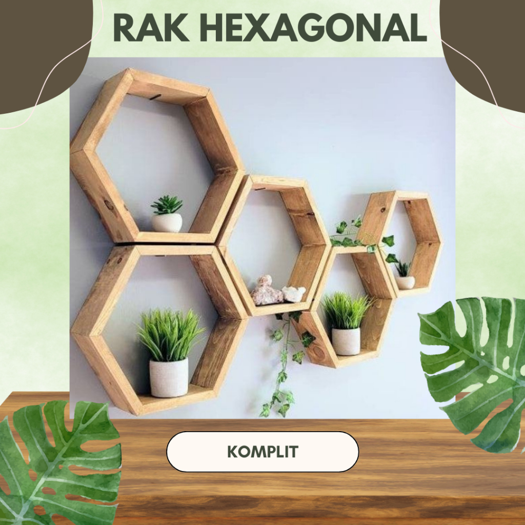 Rak Hexagonal Hiasan Dinding Kayu Jati Belanda Pajangan Rak Gantung Minimalis Kayu Dekorasi Dinding 