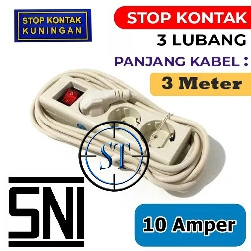 Stop Kontak 3 Lubang + kabel 3 Meter Kualitas SNI  Terminal Listrik 10A Switch Pengaman ON OFF