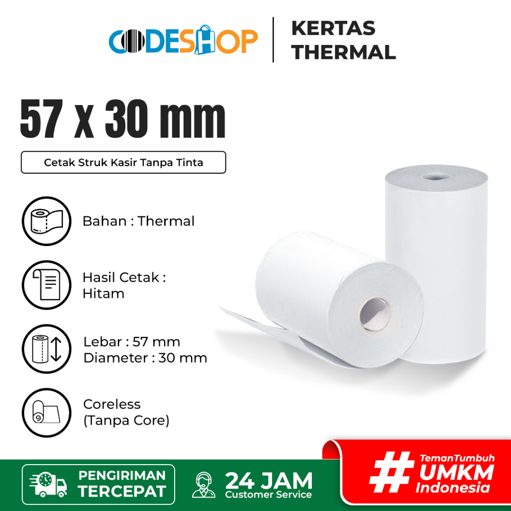 

Codeshop Kertas Thermal 57x30 mm Struk Printer Kasir Termal EDC