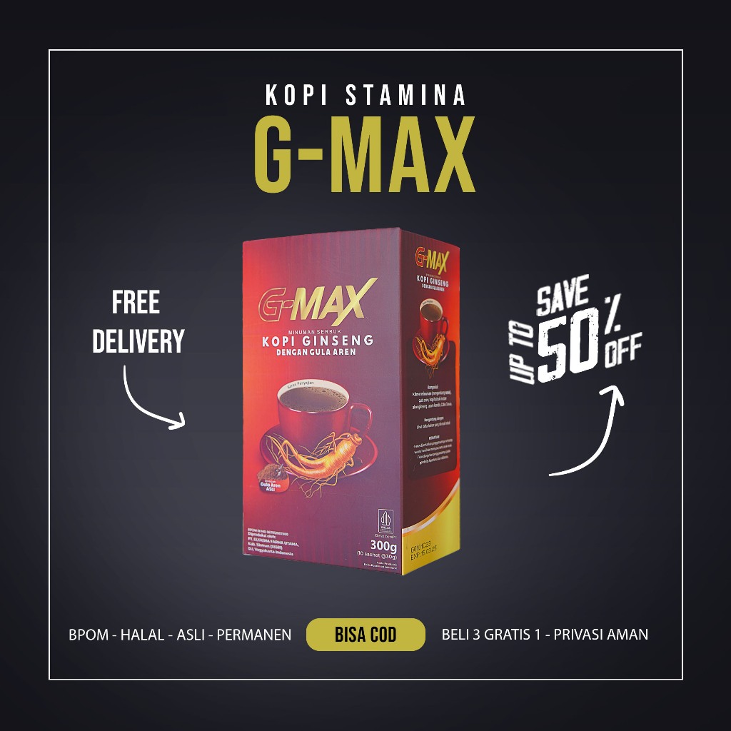 

KOPI STAMINA PRIA DEWASA TAHAN LAMA SEMALAMAN ORIGINAL BPOM G-MAX KOPI EXTRA GINGSENG 10 SACHET DARI HERBAL ALAMI