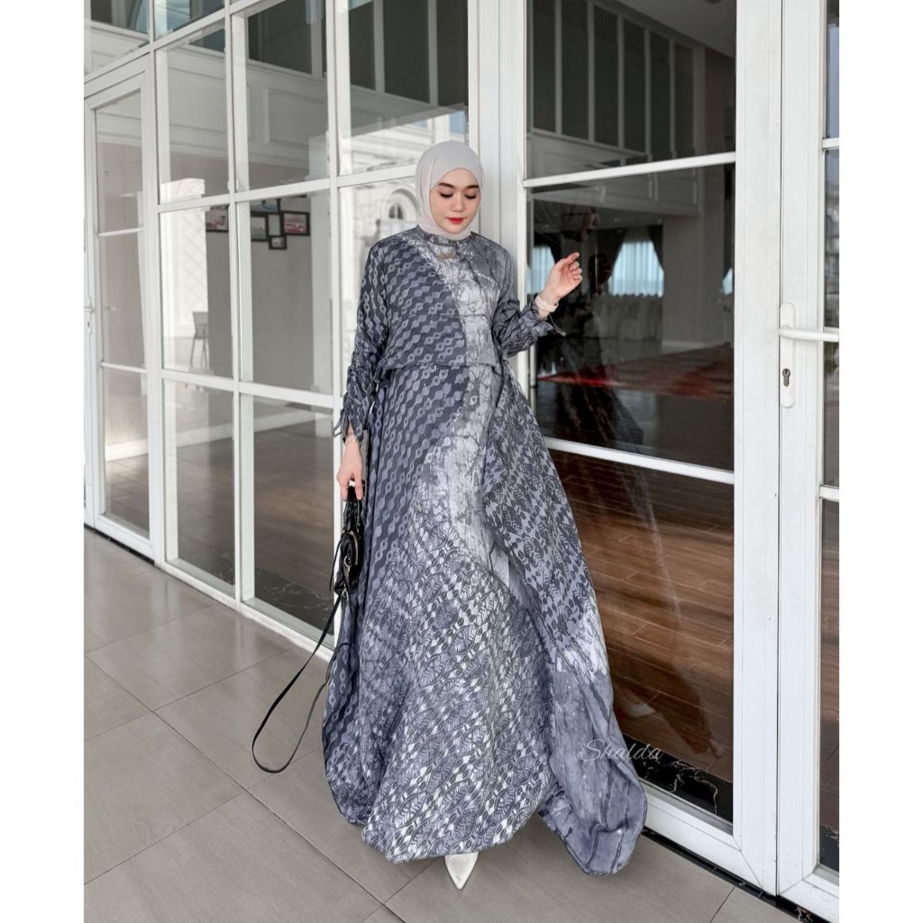 GREY SILK SUTRA DRESS GAMIS BATIK CAP SILK SUTRA PEKALONGAN