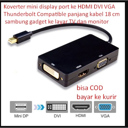 Koverter mini display port ke HDMI DVI VGA Thunderbolt Compatible panjang kabel 18 cm sambung gadget