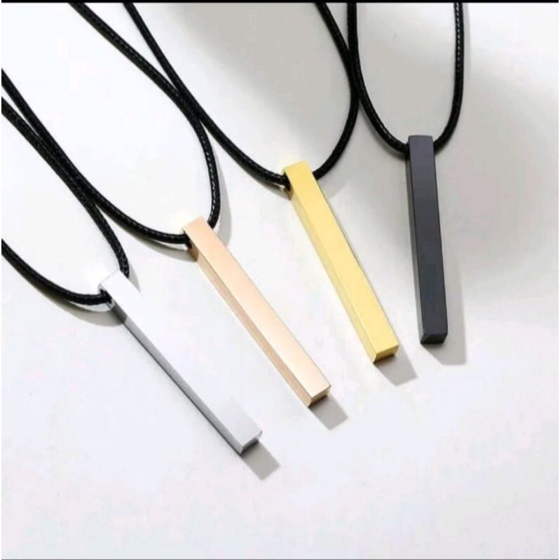 Kalung Tali Hitam Polos Pria Liontin Balok Titanium Wanita Persegi Panjang