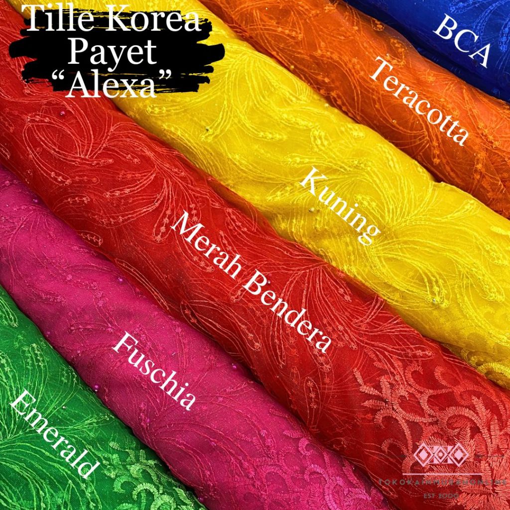 Kain Tille Brokat Korea Full Payet Akar Motif ALEXA NEW 2024 Bordir Full Mutiara &amp; Glitter Super Premium Meteran Mewah Warna LENGKAP (Bahan Bridesmaid/Kebaya/Wisuda)