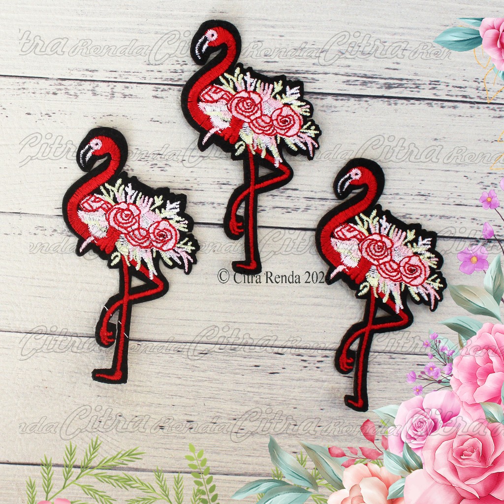 (Per Pcs) AP624 Patch Bordir Burung Bangau Merah / Bordir Tempel