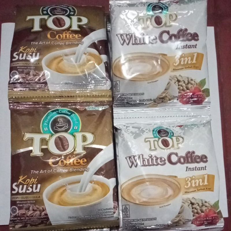 

kopi top coffee susu 31 gr dan white coffee 21 gr 1 renceng isi 12 sachet