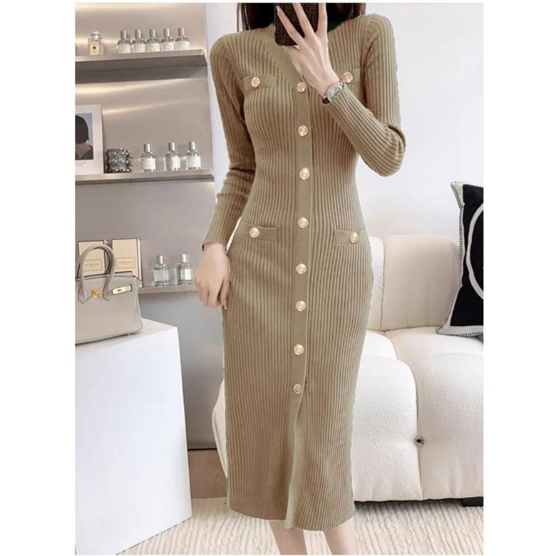 D8260 Baju mididress ALQURA KNITTED BUTTON BODYCON RAJUT MIDI DRESS maroon hijau hitam mocca dres po