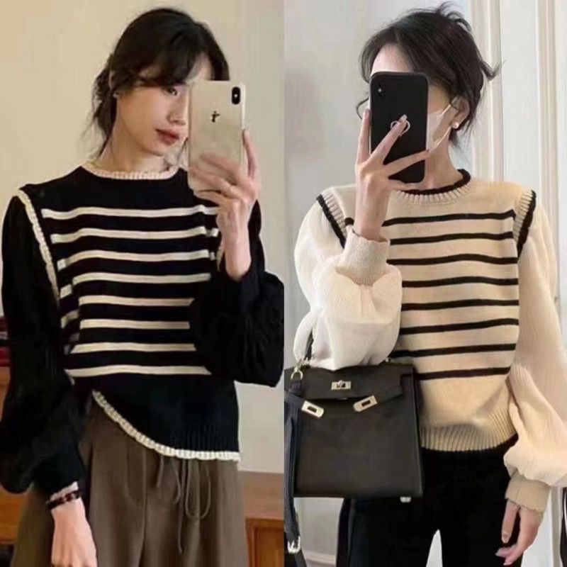 [IKA]atasan knit rajut wanita rompi motif salur lengan panjang musim dingin