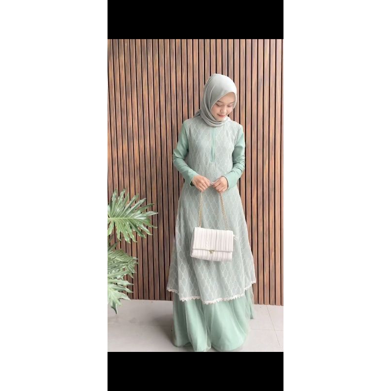 dress gamis full brukat mint  preloved sekali pake brand house of amee