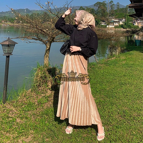 Rok Plisket Bludru Velvet PANJANG WARNA CREAM // Rok Lipat Import REAL PICT 100%
