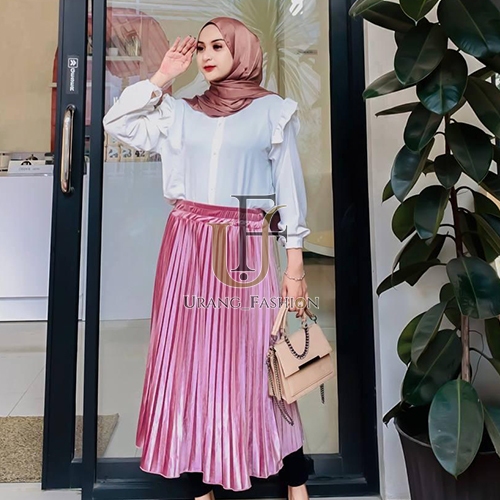 Rok Plisket Bludru Warna Rose Gold// Rok Plisket Desind Gelombang