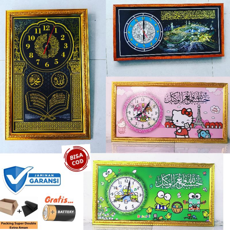 jam dinding bingkai figura emas dan kayu