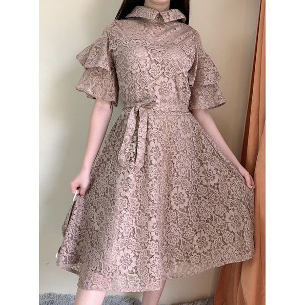 Dress Midi Brukat Populer Pesta Kondangan Wanita Remaja Kekinian | Dress Gereja Simple Dress Bridesm
