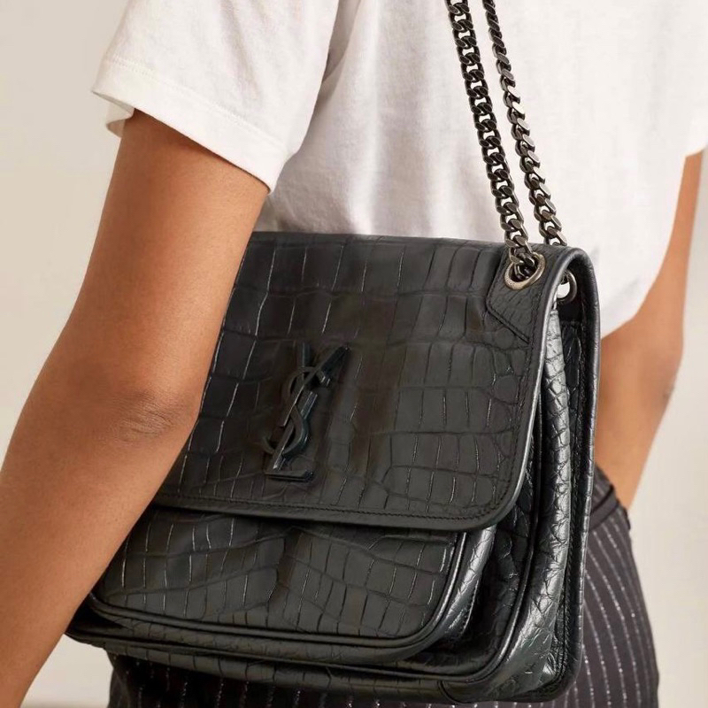 Original Saint Laurent YSL Medium Niki Shoulder Bag in Croco Embossed Patent Leather