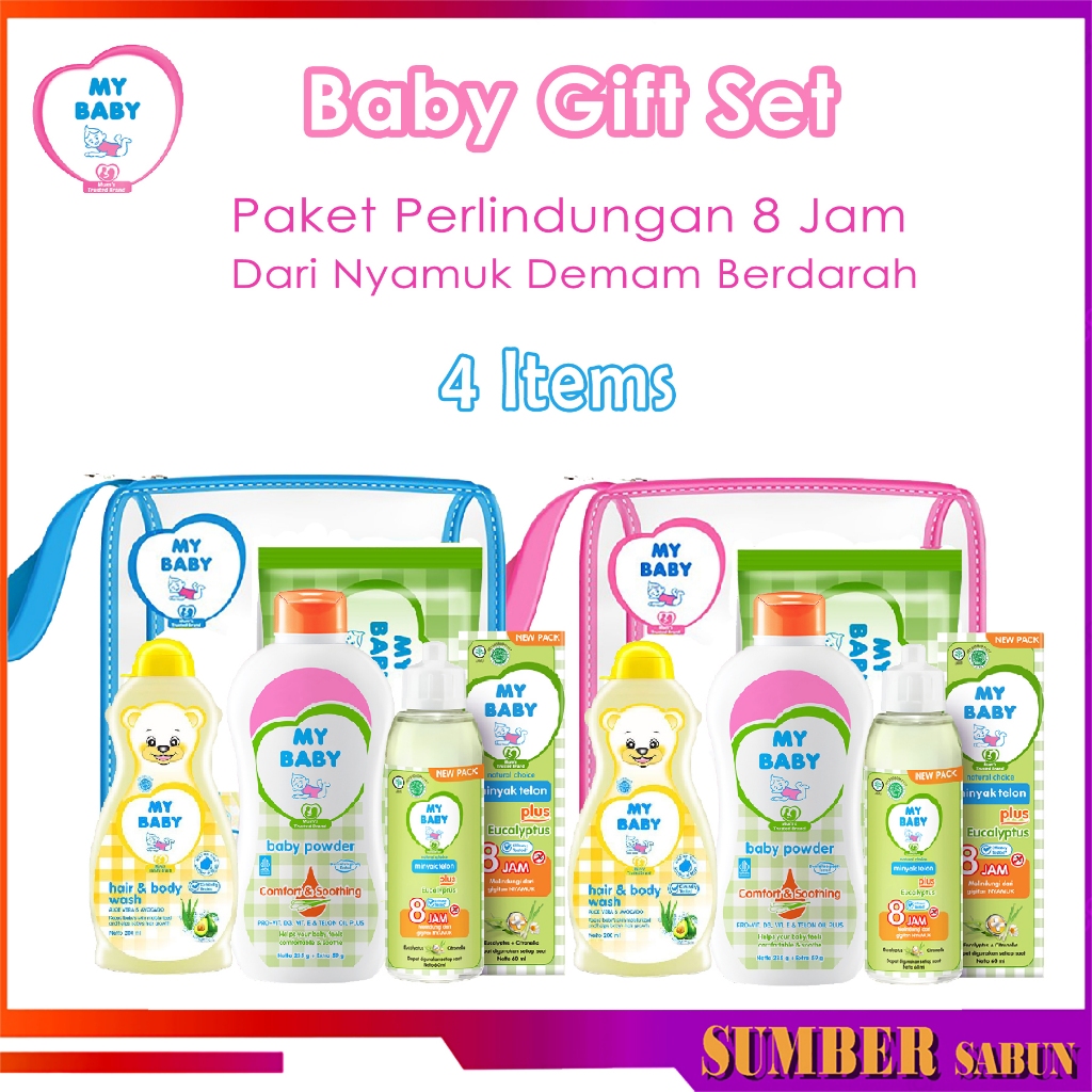 MY BABY Set Perlengkapan Mandi Bayi Isi 4 Items Pink Biru [Sabun, Wipes, Minyak Telon, Bedak] Gift S