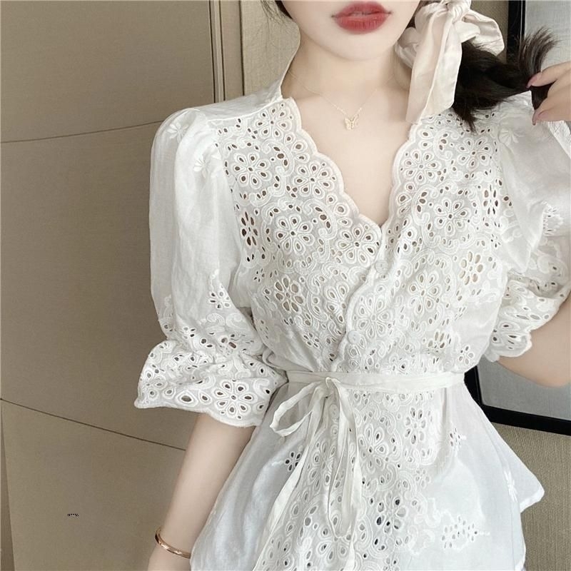 2904 Baju atasan BLOUSE CELINDA EMBROIDERED COTTON WRAP KATBOL VNECK TOP katun bolong bordir putih h