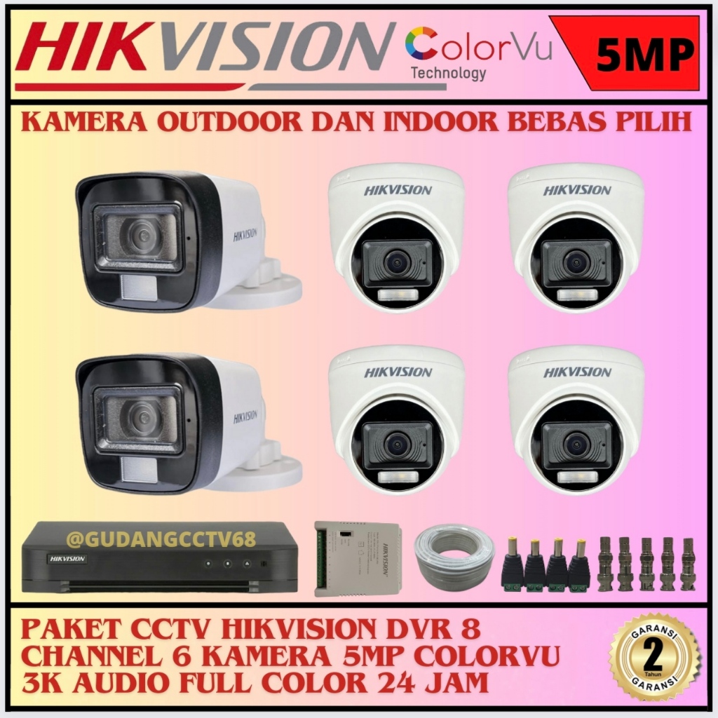 Paket CCTV HIKVISION 8 Channel 6 Camera HIKVISION 5MP Colorvu 3K Full Colour AUDIO SERIES Komplit