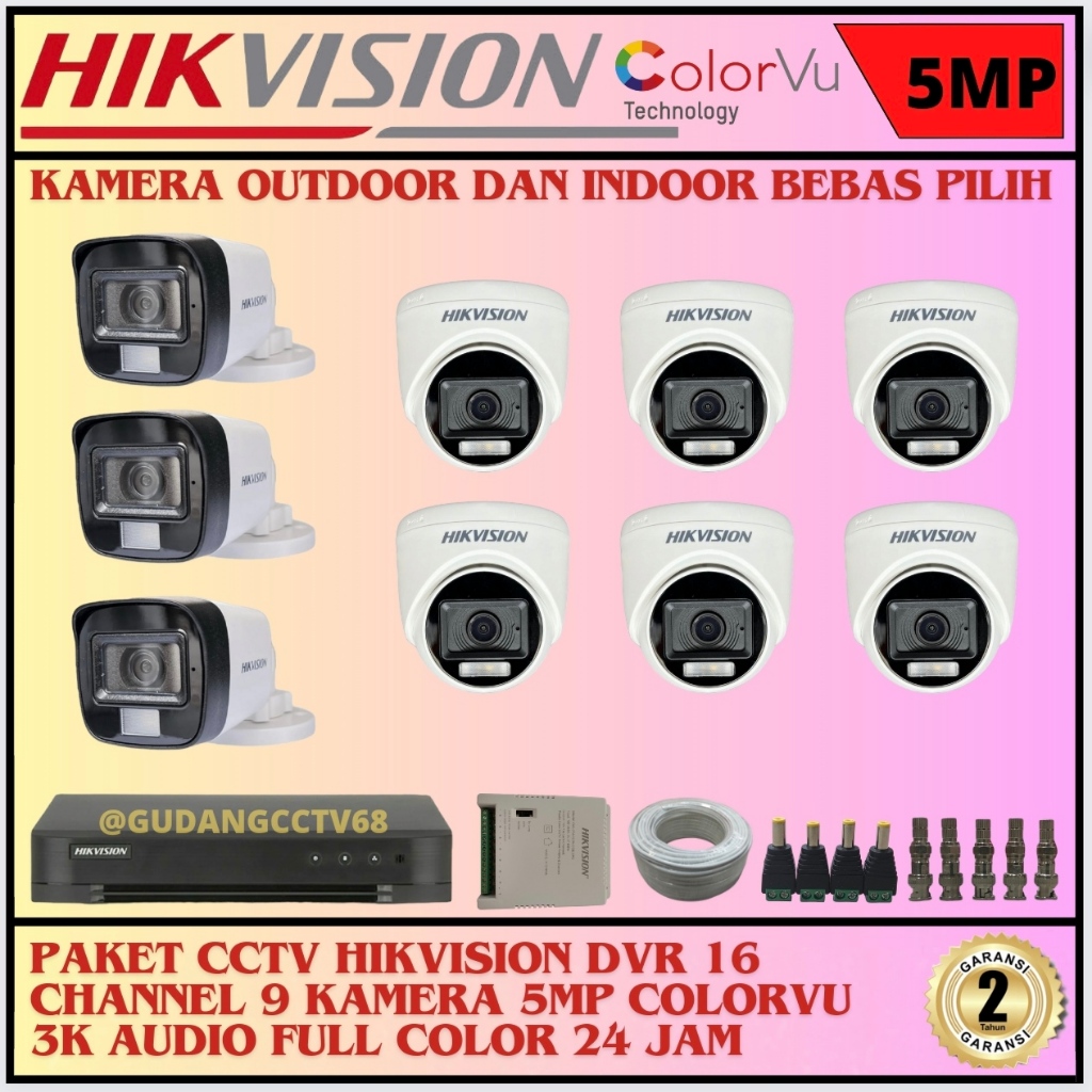 Paket CCTV HIKVISION 16 Channel 9 Camera HIKVISION 5MP Colorvu 3K Full Colour AUDIO SERIES Komplit