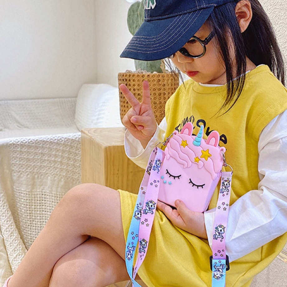 Ready Stock Tas anak pop it jelly rubber unicorn etc selempang importir langsung
