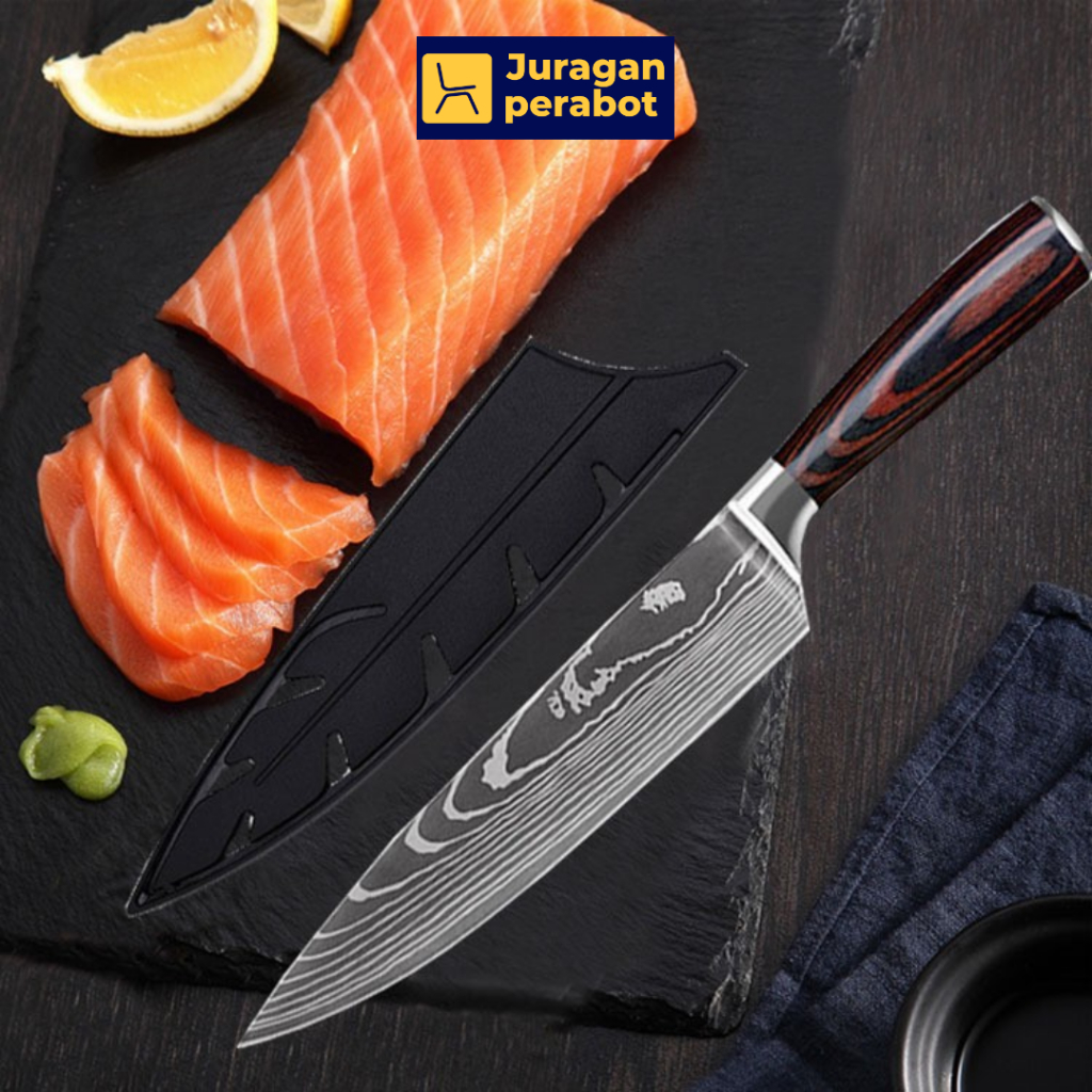 Pisau Dapur Stainless Steel Super Tajam Gagang Kayu Piso Daging Chef Damascus Pattern Knife