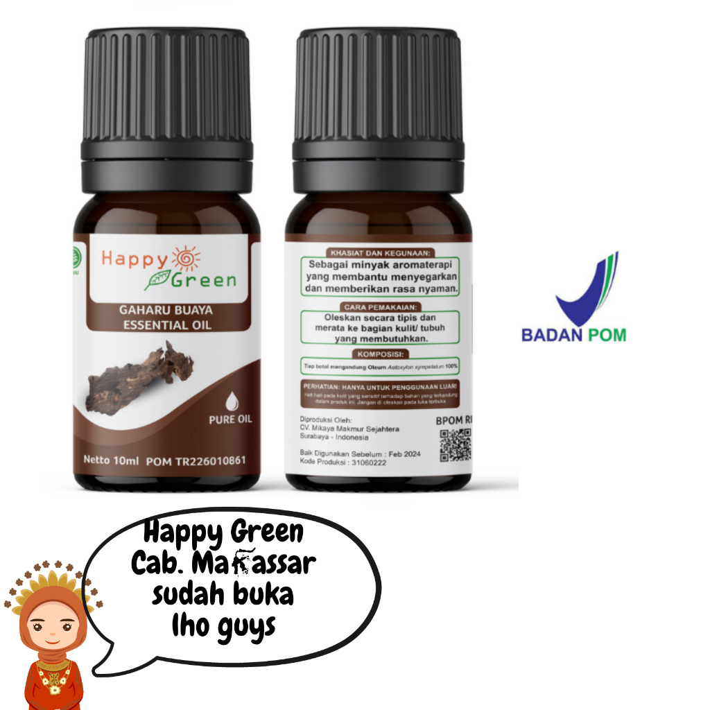 BPOM Approved Happy Green Gaharu Buaya Essential Oil - Minyak Gaharu Buaya Murni 100% Cabang Makassa