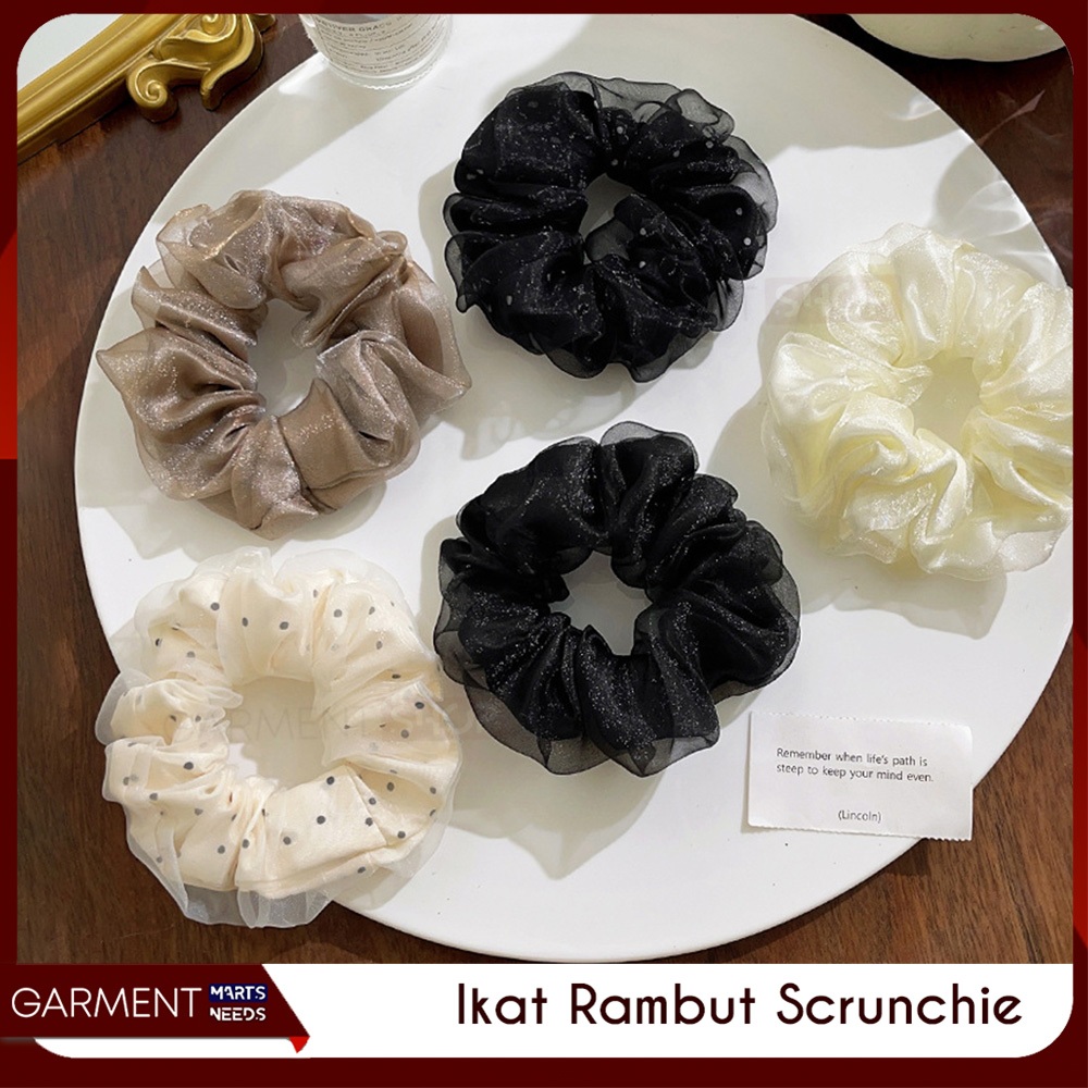 Srunchie Kain Tile Gaya Wanita Korea Motif Polos Polkadot Ikat Rambut Fashion Vintage Karet Anti Mel