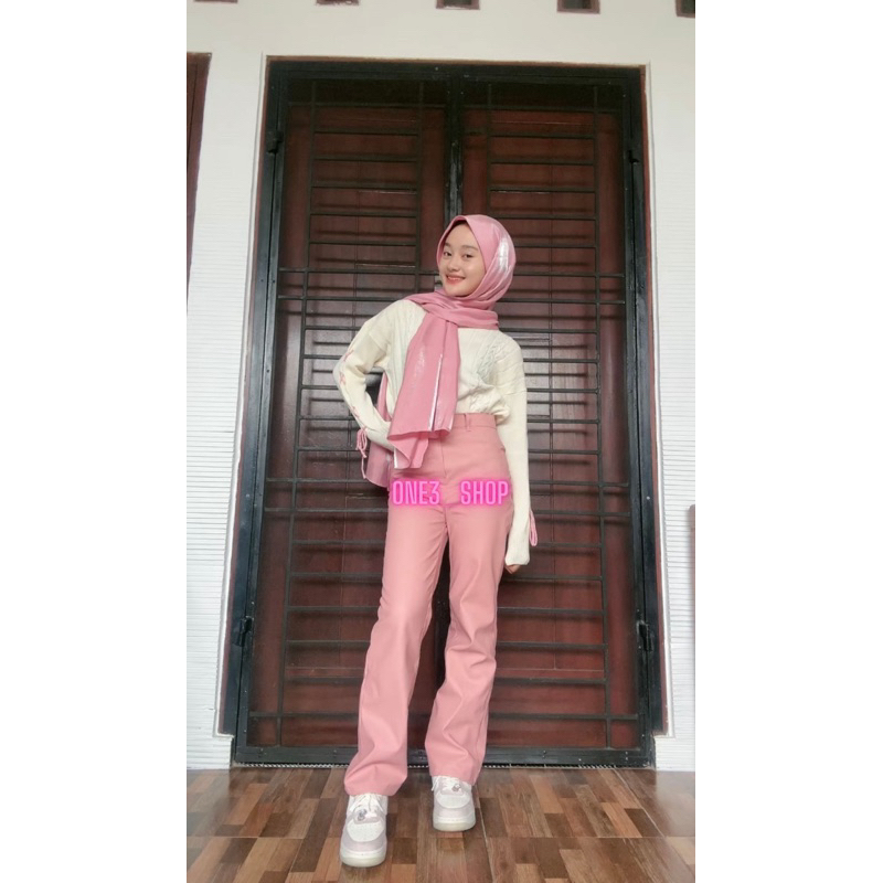 Limited Stock High Waist pants Leather PU merah muda pink