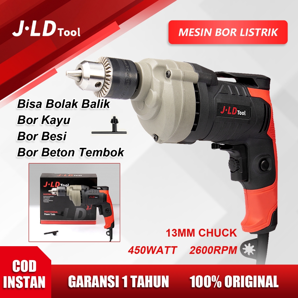 JLD Mesin bor listrik 13mm Bor tangan listrk 450W Mesin bor bolak balik 2600rpm bor listrik murah cu