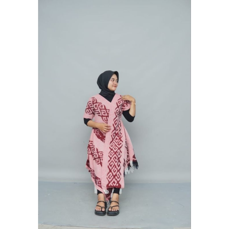 BAJU DRESS TUNIK TENUN ETNIK WANITA JEPARA MOTIF TORAJA WARNA PINK TERBARU
