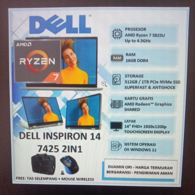 Laptop Touchscreen Dell Inspiron 14 7425 2IN1 Ryzen 7 32GB 1TB SSD 14" - Unit Baru, 16GB|1TB SSD