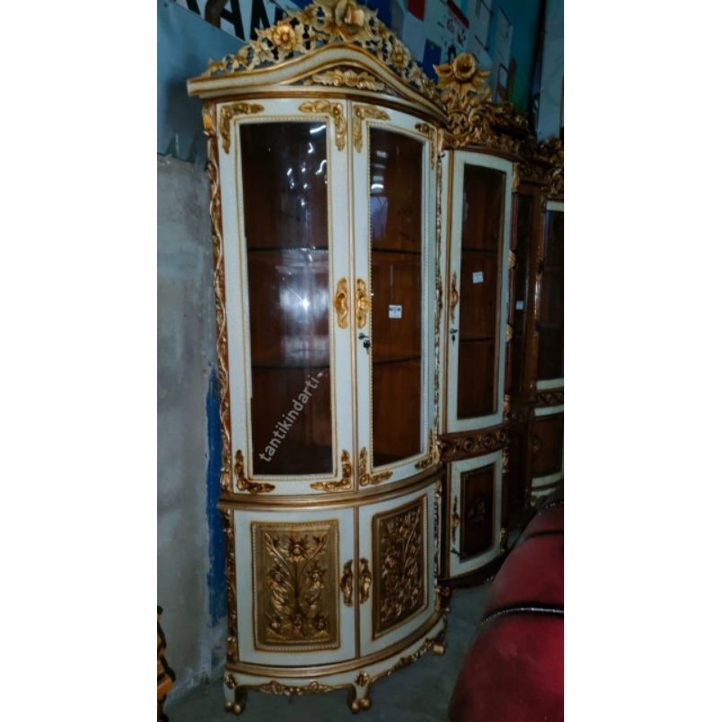 LEMARI SUDUT 2 PINTU KAYU JATI JEPARA LIS GOLD